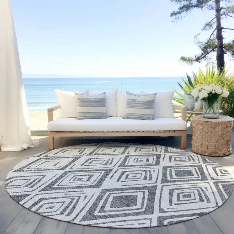 8' Gray And Ivory Round Geometric Washable Indoor Outdoor Area Rug