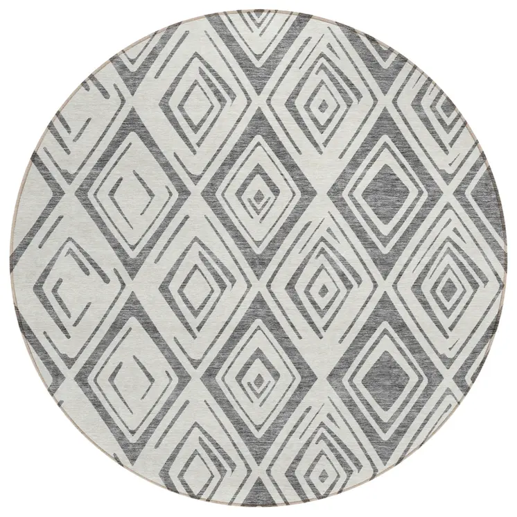 8' Gray And Ivory Round Geometric Washable Indoor Outdoor Area Rug
