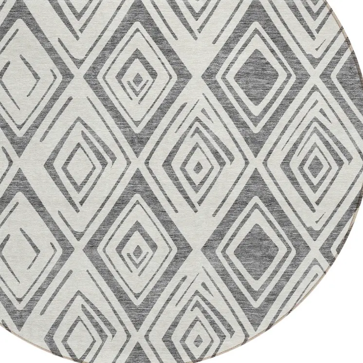 8' Gray And Ivory Round Geometric Washable Indoor Outdoor Area Rug