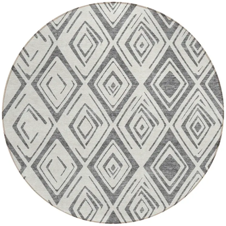 8' Gray And Ivory Round Geometric Washable Indoor Outdoor Area Rug