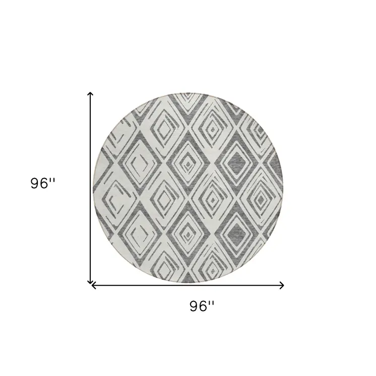 8' Gray And Ivory Round Geometric Washable Indoor Outdoor Area Rug