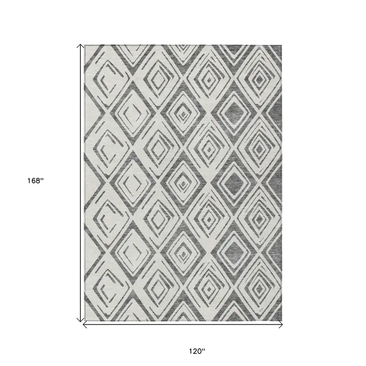 10' X 14' Gray And Ivory Geometric Washable Indoor Outdoor Area Rug