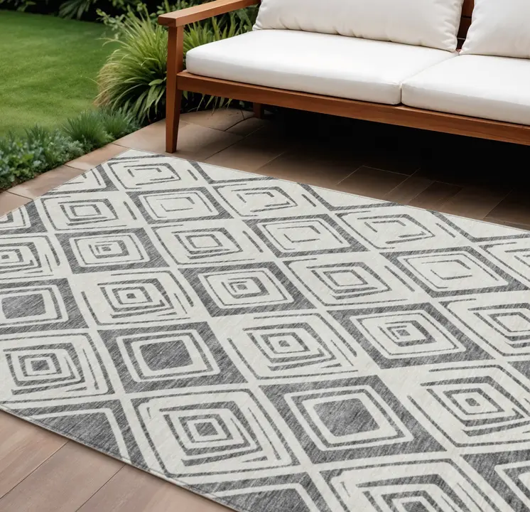 10' X 14' Gray And Ivory Geometric Washable Indoor Outdoor Area Rug