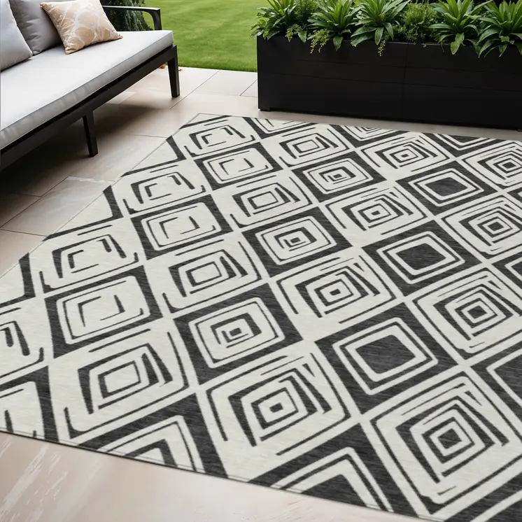 5' X 8' Ivory And Black Geometric Washable Indoor Outdoor Area Rug