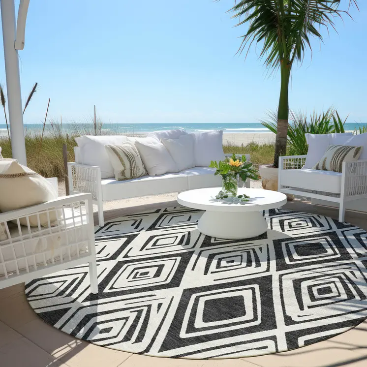 8' Ivory And Black Round Geometric Washable Indoor Outdoor Area Rug