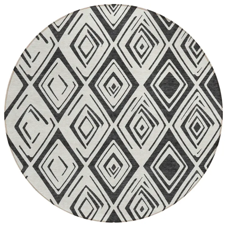8' Ivory And Black Round Geometric Washable Indoor Outdoor Area Rug