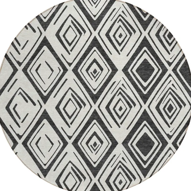 8' Ivory And Black Round Geometric Washable Indoor Outdoor Area Rug