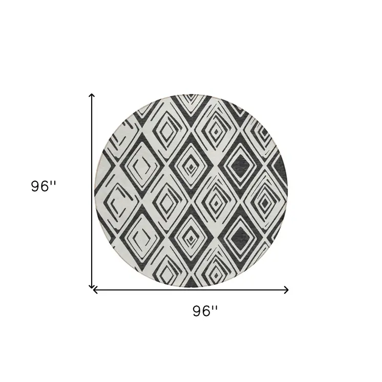 8' Ivory And Black Round Geometric Washable Indoor Outdoor Area Rug