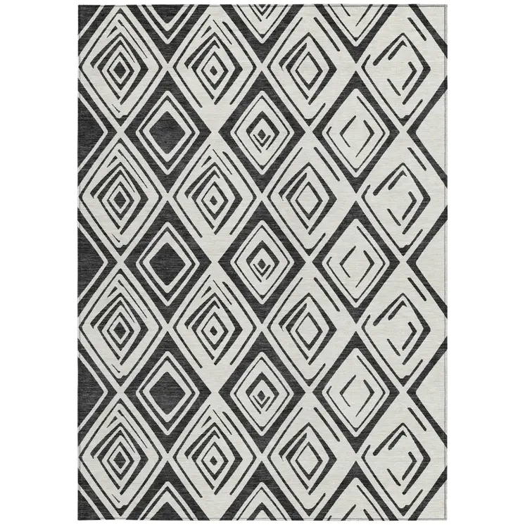 8' X 10' Ivory And Black Geometric Washable Indoor Outdoor Area Rug