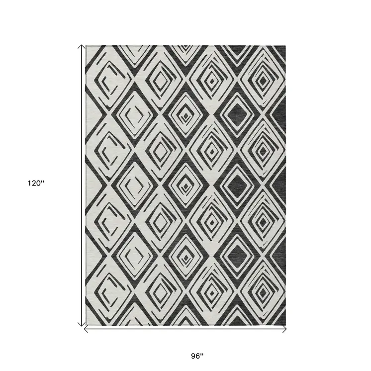 8' X 10' Ivory And Black Geometric Washable Indoor Outdoor Area Rug