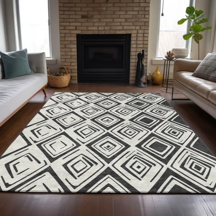8' X 10' Ivory And Black Geometric Washable Indoor Outdoor Area Rug