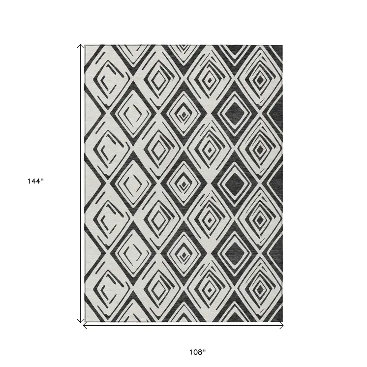 9' X 12' Ivory And Black Geometric Washable Indoor Outdoor Area Rug