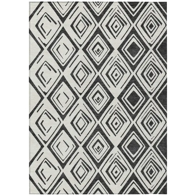 9' X 12' Ivory And Black Geometric Washable Indoor Outdoor Area Rug