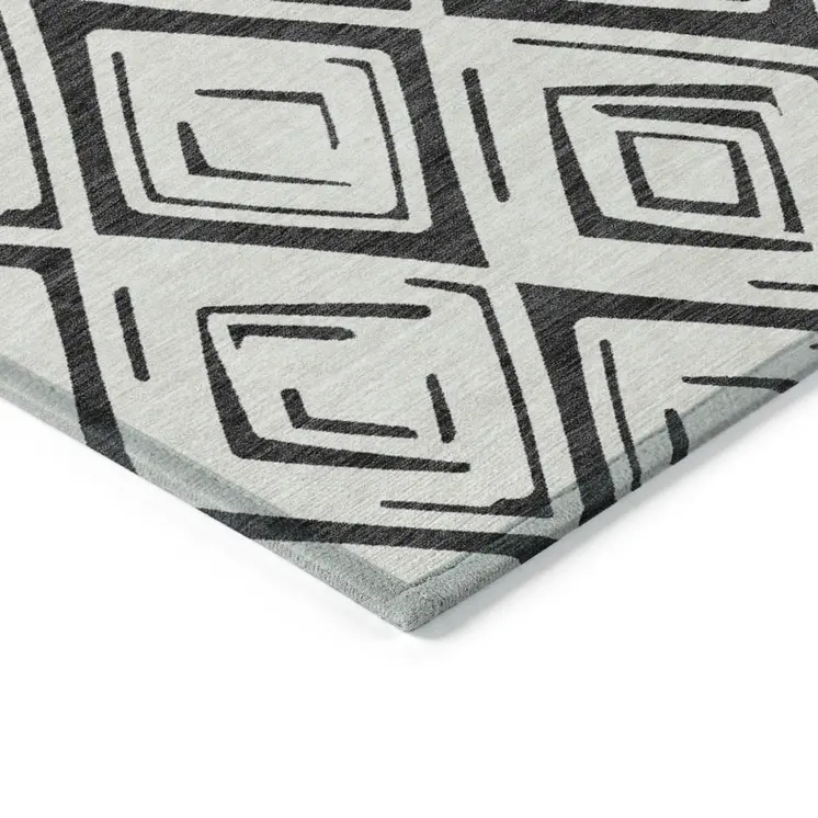 9' X 12' Ivory And Black Geometric Washable Indoor Outdoor Area Rug