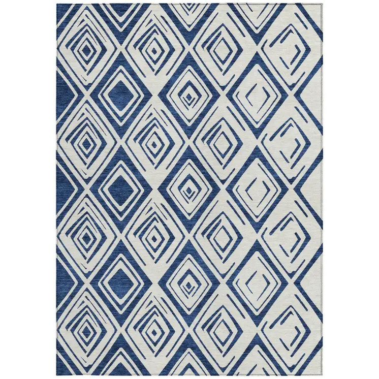 3' X 5' Navy Blue And Ivory Geometric Washable Indoor Outdoor Area Rug
