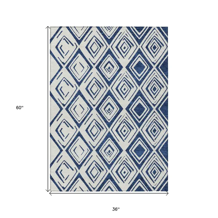 3' X 5' Navy Blue And Ivory Geometric Washable Indoor Outdoor Area Rug