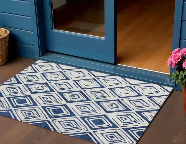 3' X 5' Navy Blue And Ivory Geometric Washable Indoor Outdoor Area Rug