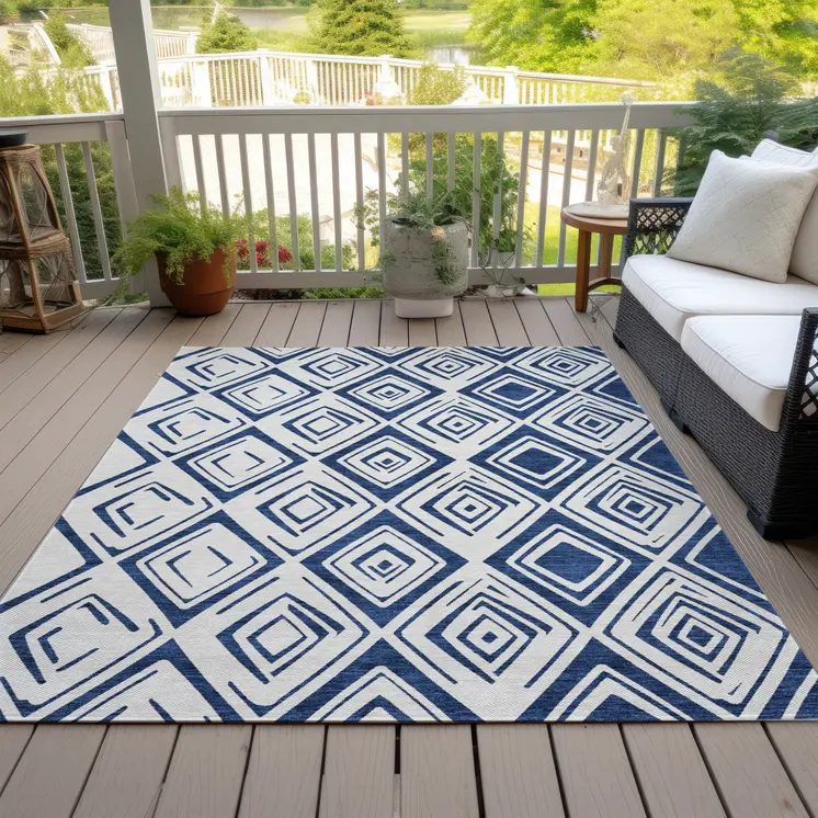 3' X 5' Navy Blue And Ivory Geometric Washable Indoor Outdoor Area Rug