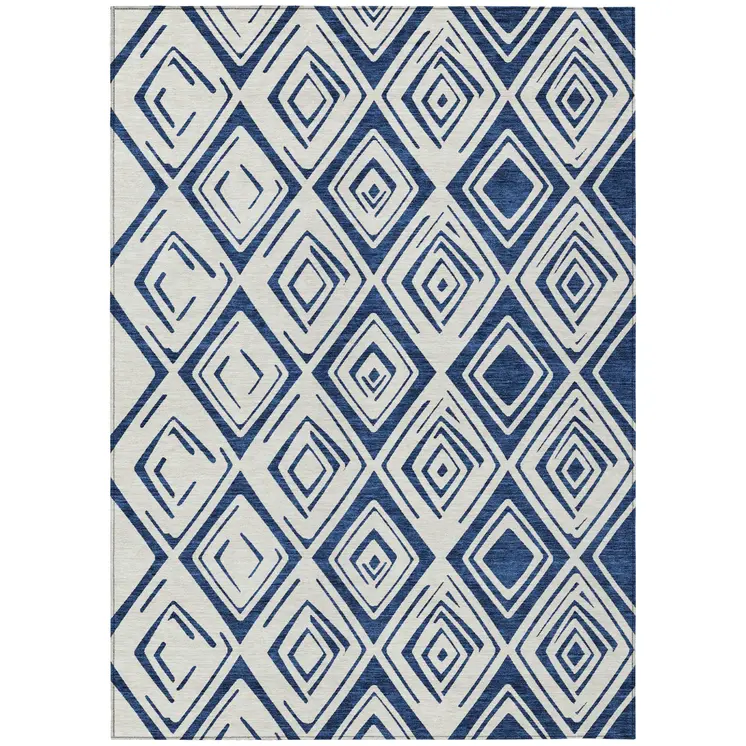 3' X 5' Navy Blue And Ivory Geometric Washable Indoor Outdoor Area Rug