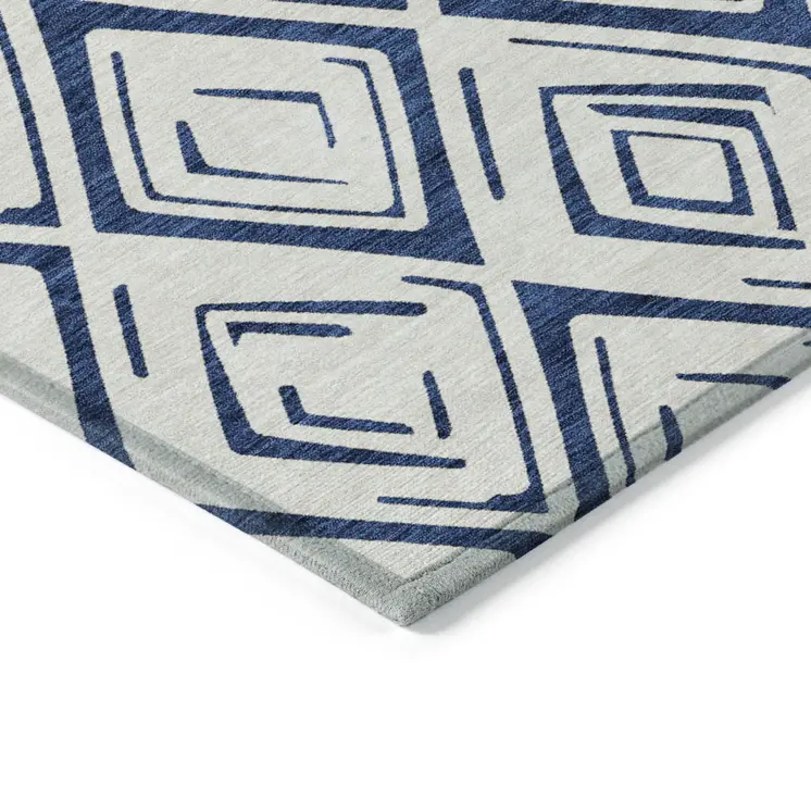 3' X 5' Navy Blue And Ivory Geometric Washable Indoor Outdoor Area Rug