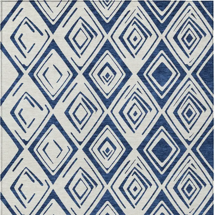 3' X 5' Navy Blue And Ivory Geometric Washable Indoor Outdoor Area Rug