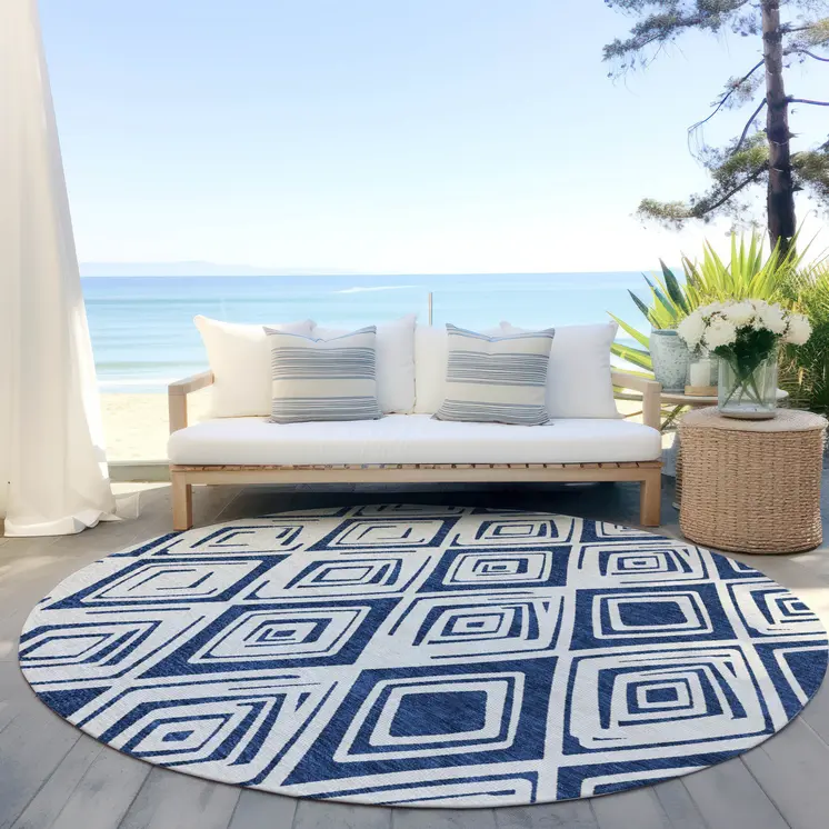 8' Navy Blue And Ivory Round Geometric Washable Indoor Outdoor Area Rug