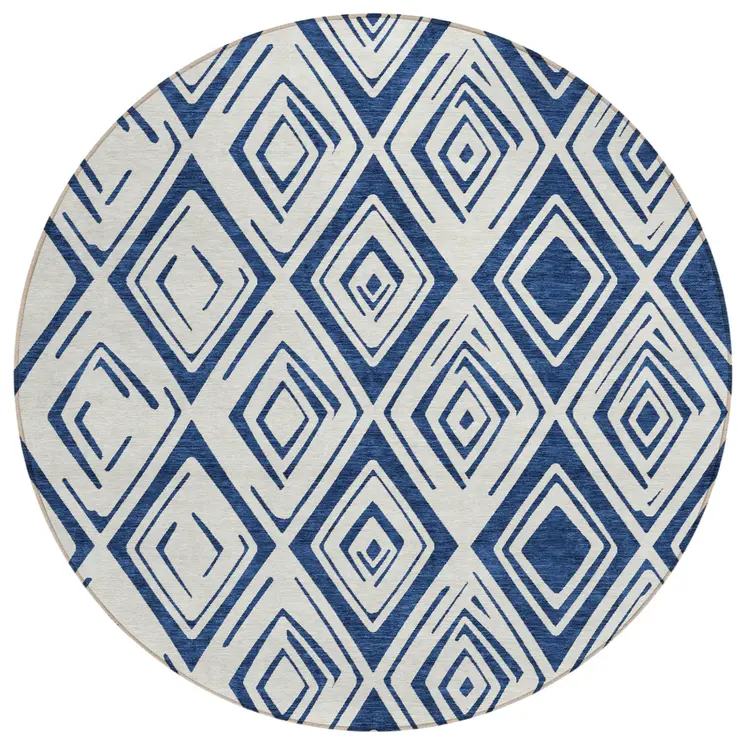 8' Navy Blue And Ivory Round Geometric Washable Indoor Outdoor Area Rug