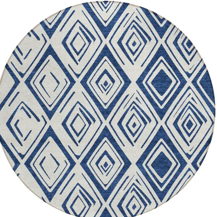 8' Navy Blue And Ivory Round Geometric Washable Indoor Outdoor Area Rug