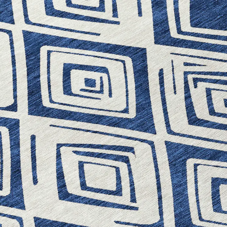 8' Navy Blue And Ivory Round Geometric Washable Indoor Outdoor Area Rug