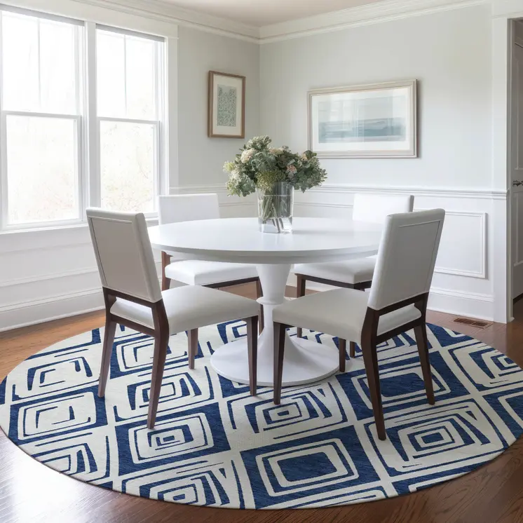 8' Navy Blue And Ivory Round Geometric Washable Indoor Outdoor Area Rug