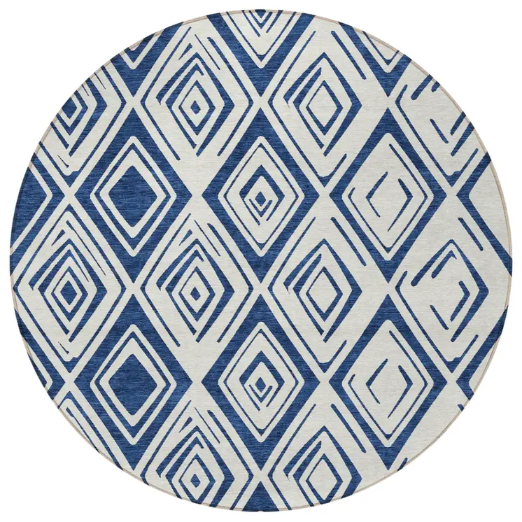 8' Navy Blue And Ivory Round Geometric Washable Indoor Outdoor Area Rug