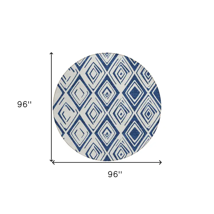 8' Navy Blue And Ivory Round Geometric Washable Indoor Outdoor Area Rug