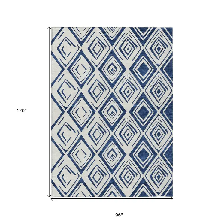 8' X 10' Navy Blue And Ivory Geometric Washable Indoor Outdoor Area Rug