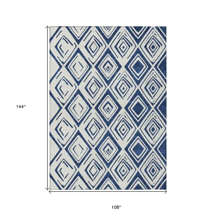 9' X 12' Navy Blue And Ivory Geometric Washable Indoor Outdoor Area Rug