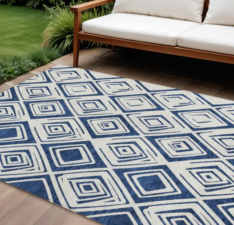 9' X 12' Navy Blue And Ivory Geometric Washable Indoor Outdoor Area Rug