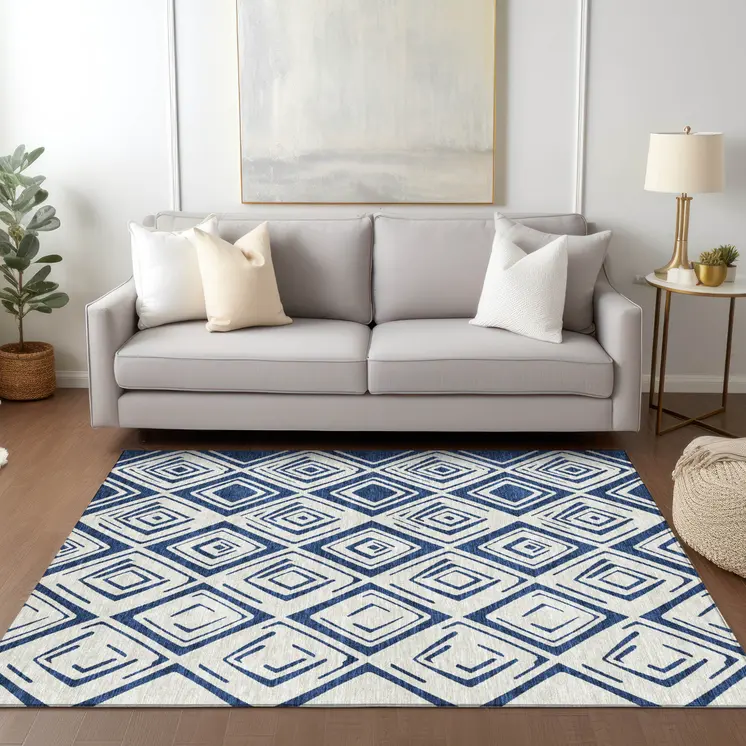 9' X 12' Navy Blue And Ivory Geometric Washable Indoor Outdoor Area Rug