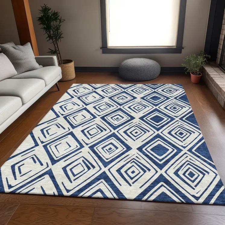 10' X 14' Navy Blue And Ivory Geometric Washable Indoor Outdoor Area Rug