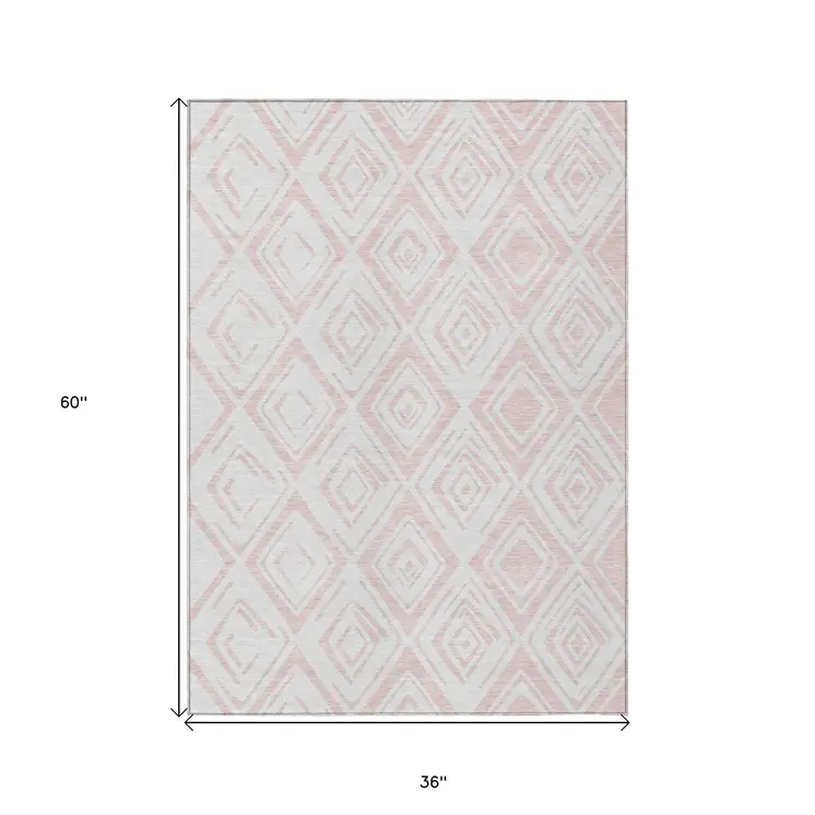 3' X 5' Pink And Ivory Geometric Washable Indoor Outdoor Area Rug