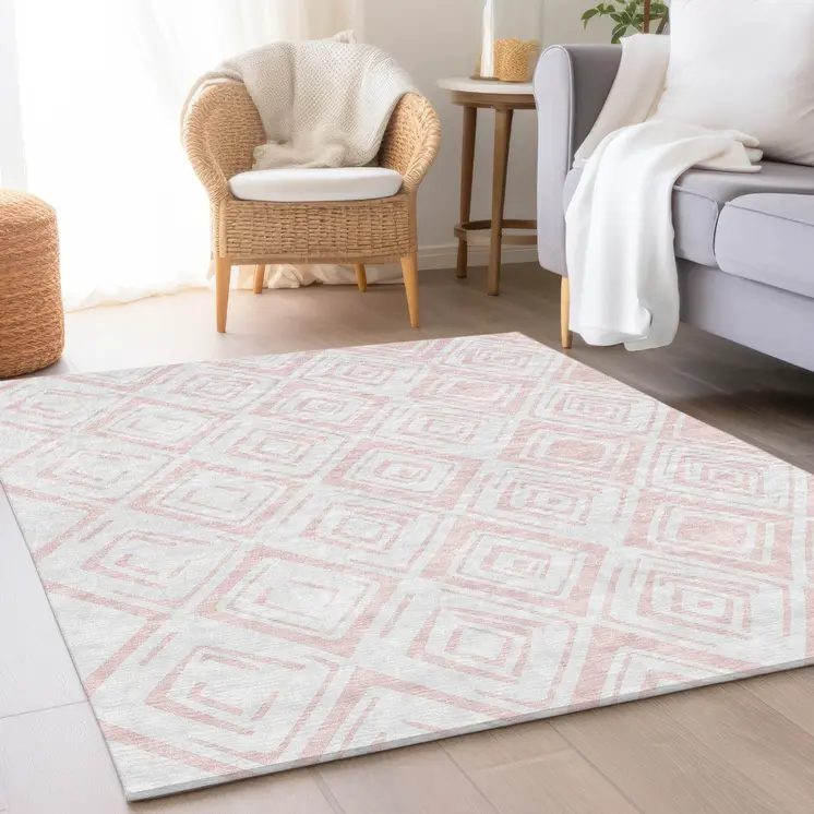 3' X 5' Pink And Ivory Geometric Washable Indoor Outdoor Area Rug