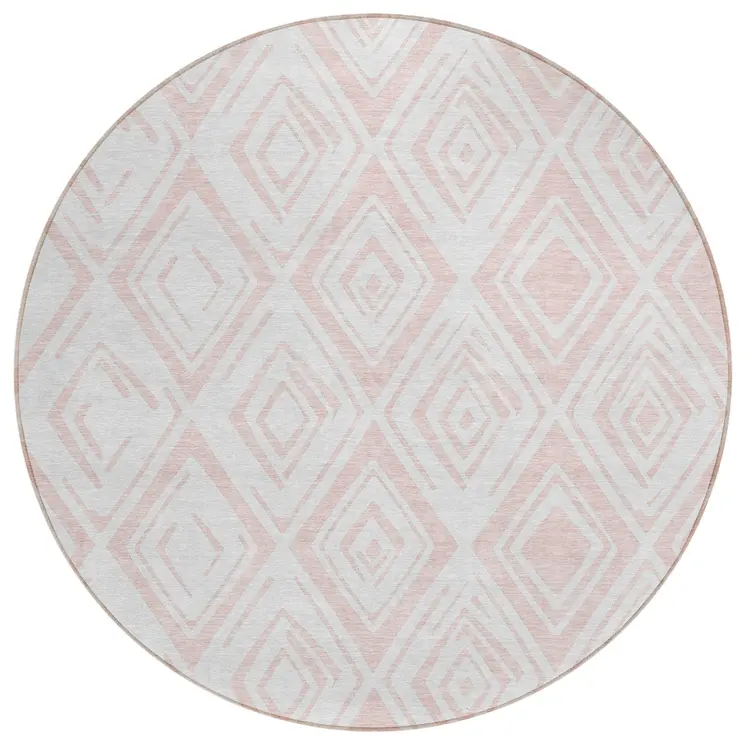 8' Pink And Ivory Round Geometric Washable Indoor Outdoor Area Rug