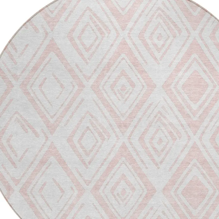 8' Pink And Ivory Round Geometric Washable Indoor Outdoor Area Rug