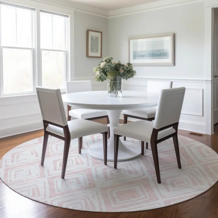 8' Pink And Ivory Round Geometric Washable Indoor Outdoor Area Rug