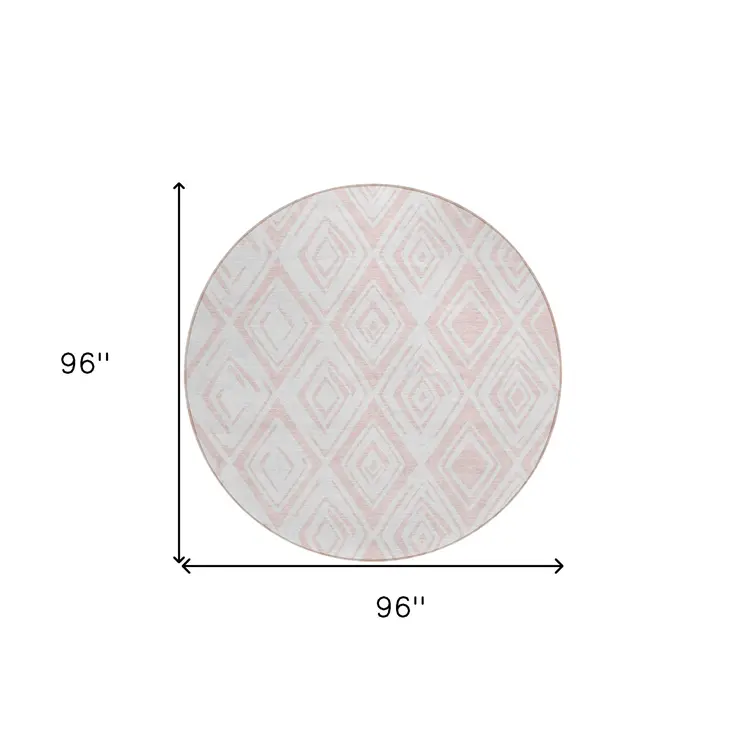 8' Pink And Ivory Round Geometric Washable Indoor Outdoor Area Rug