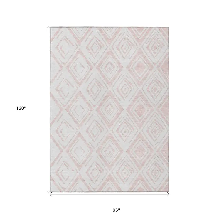 8' X 10' Pink And Ivory Geometric Washable Indoor Outdoor Area Rug