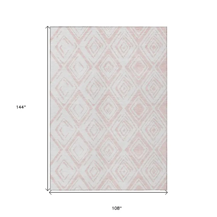 9' X 12' Pink And Ivory Geometric Washable Indoor Outdoor Area Rug