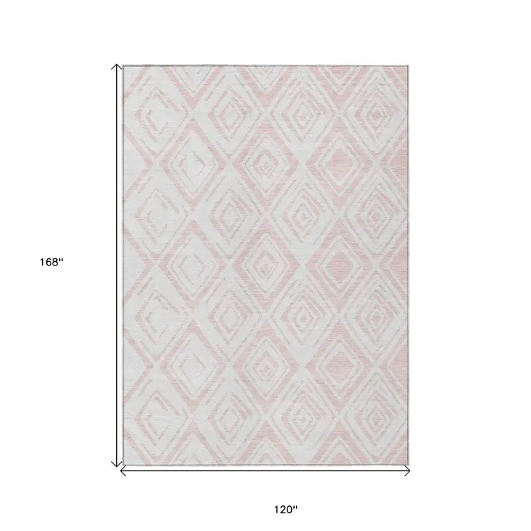 10' X 14' Pink And Ivory Geometric Washable Indoor Outdoor Area Rug