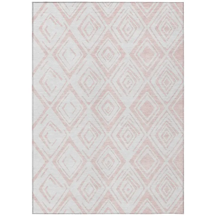 10' X 14' Pink And Ivory Geometric Washable Indoor Outdoor Area Rug
