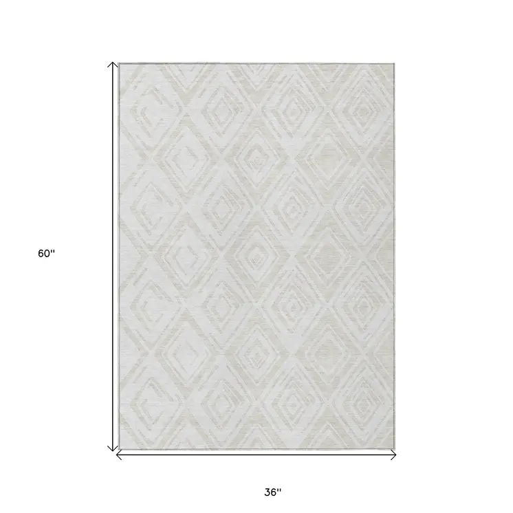 3' X 5' Pearl And Ivory Geometric Washable Indoor Outdoor Area Rug