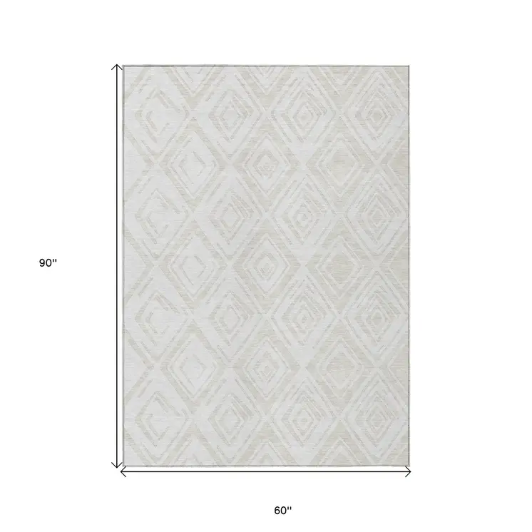 5' X 8' Pearl And Ivory Geometric Washable Indoor Outdoor Area Rug