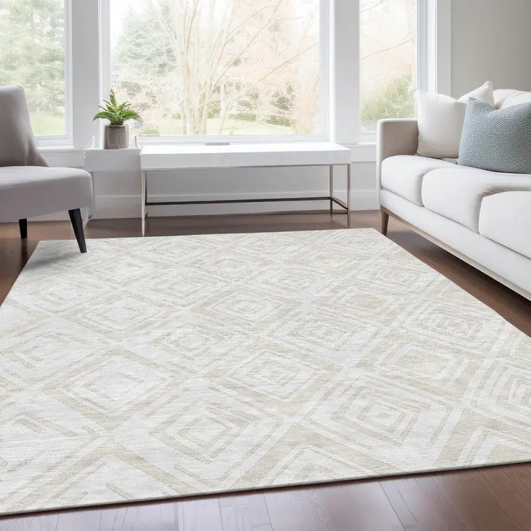 5' X 8' Pearl And Ivory Geometric Washable Indoor Outdoor Area Rug